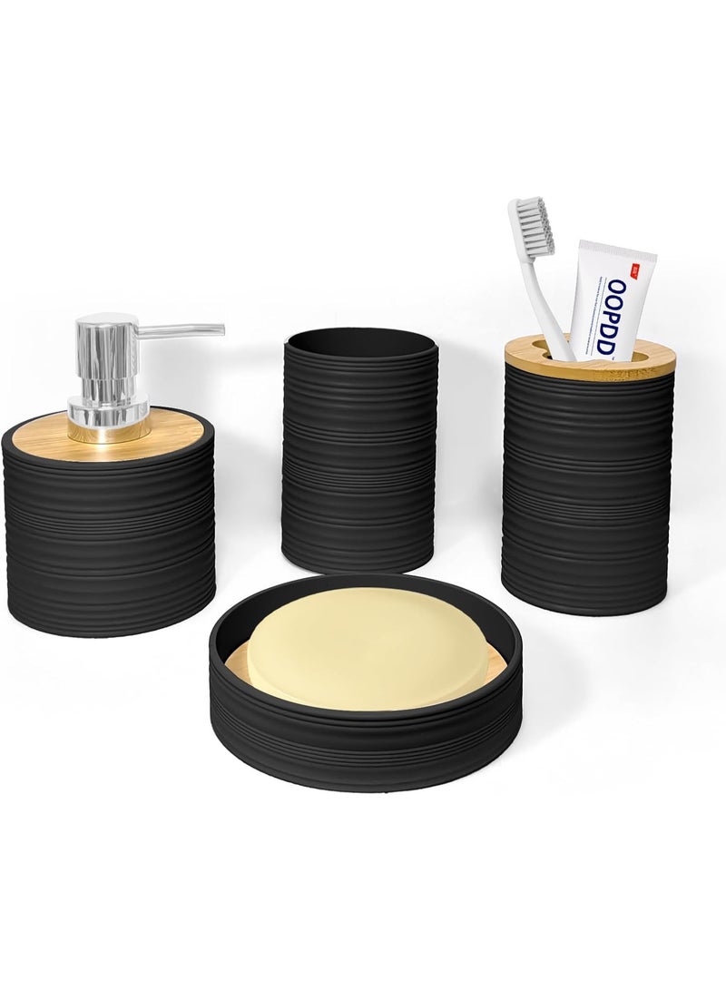 YelaJoy Bathroom Accessories Set 4 PCS, Bamboo Bathroom Accessory Set Includes Soap Dish, Soap Dispenser, Toothbrush Holder, Toothbrush Cup, Bathroom Sets Accessories, Boho Bathroom Decor(Black) - Image 1